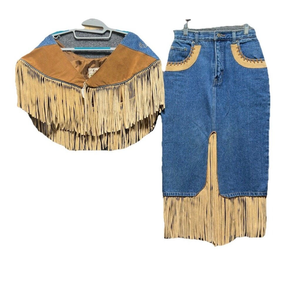 Denim A-Line Fringe Skirt in Blue and Tan
